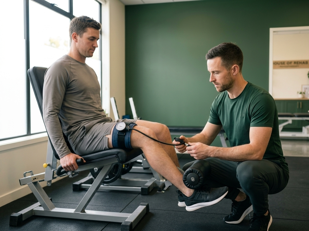 Blood Flow Restriction (BFR) training — athlete with resistance wrap performing low-load barbell exercise