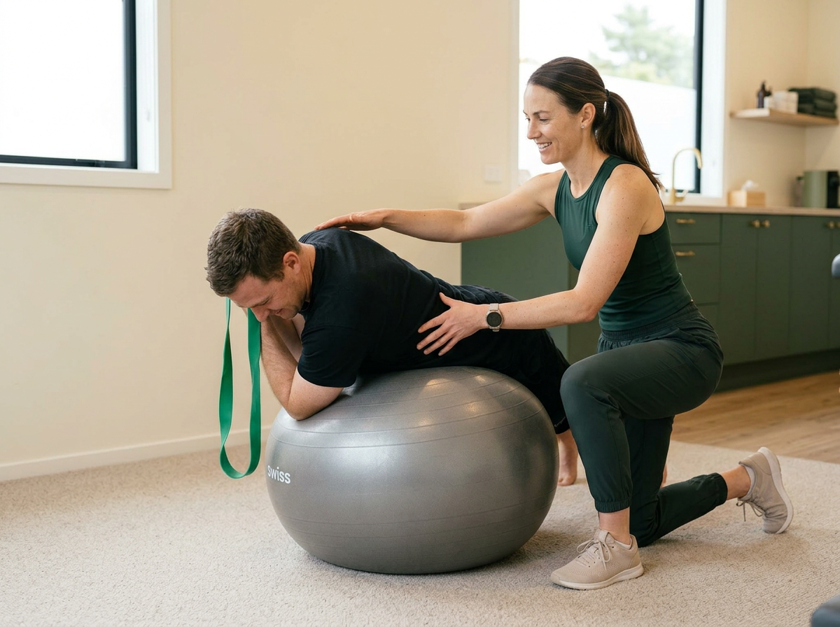 Private Follow-up — physiotherapist assisting with resistance band and fitness ball