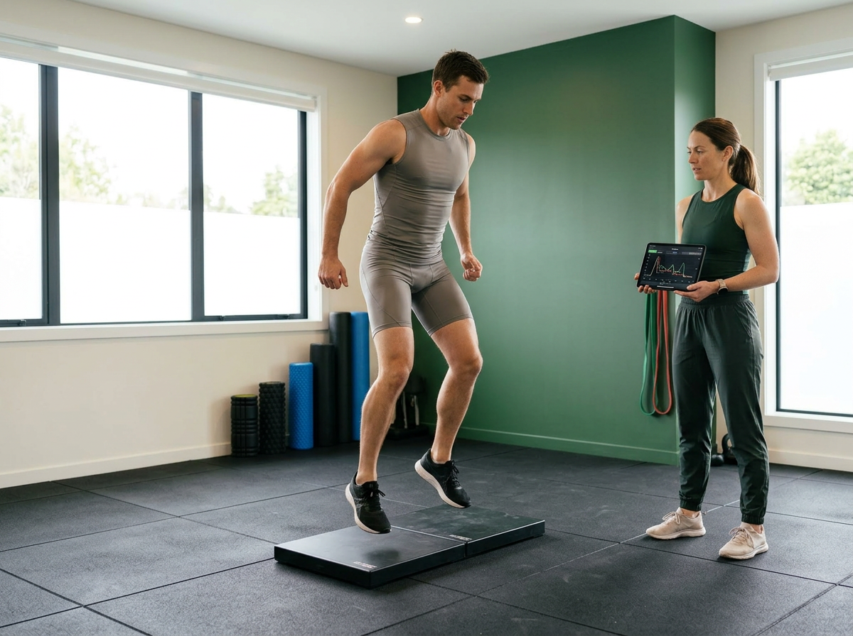 Return-to-Sport Testing — athlete on force plates with physiotherapist